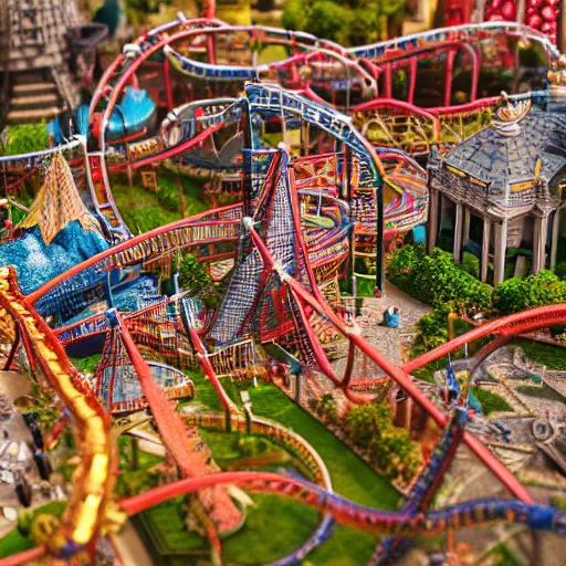 Image similar to a macro photo of a very detailed miniature model of an amusement park, close - up, intricately detailed buildings, cars and people, intricately detailed markings, intricate textures, warm lighting, vivid colors, realistic octane render, hyper realistic render, volumetric shading, depth of field, raytracing, 8 k,
