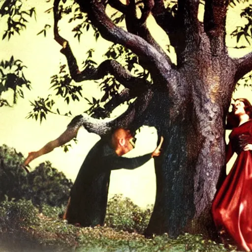 Image similar to 1 9 3 9 technicolor movie still of vampire under a big tree in the sunset, biting scarlet o'hara's neck as she swoons. he is wearing a black cape with a high collar and he is pale.