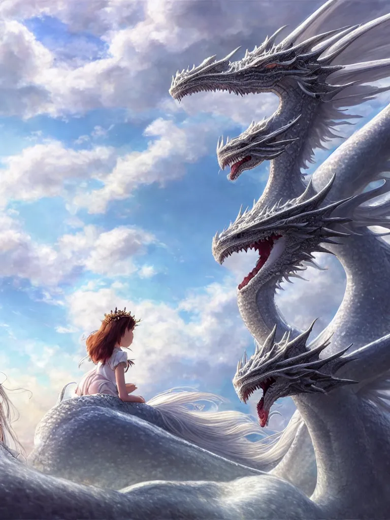 Prompt: the beautiful hyper detailed big scene render that a beautiful princess sitting on the back of a huge silver white dragon alone in fairyland surrounded by white clouds, finely detailed angelic face delicate features, style of studio ghibli, makoto shinkai, raphael lacoste, artgerm, karol bak, kazuki tanahashi, james jean, ross tran, ultra wide angle