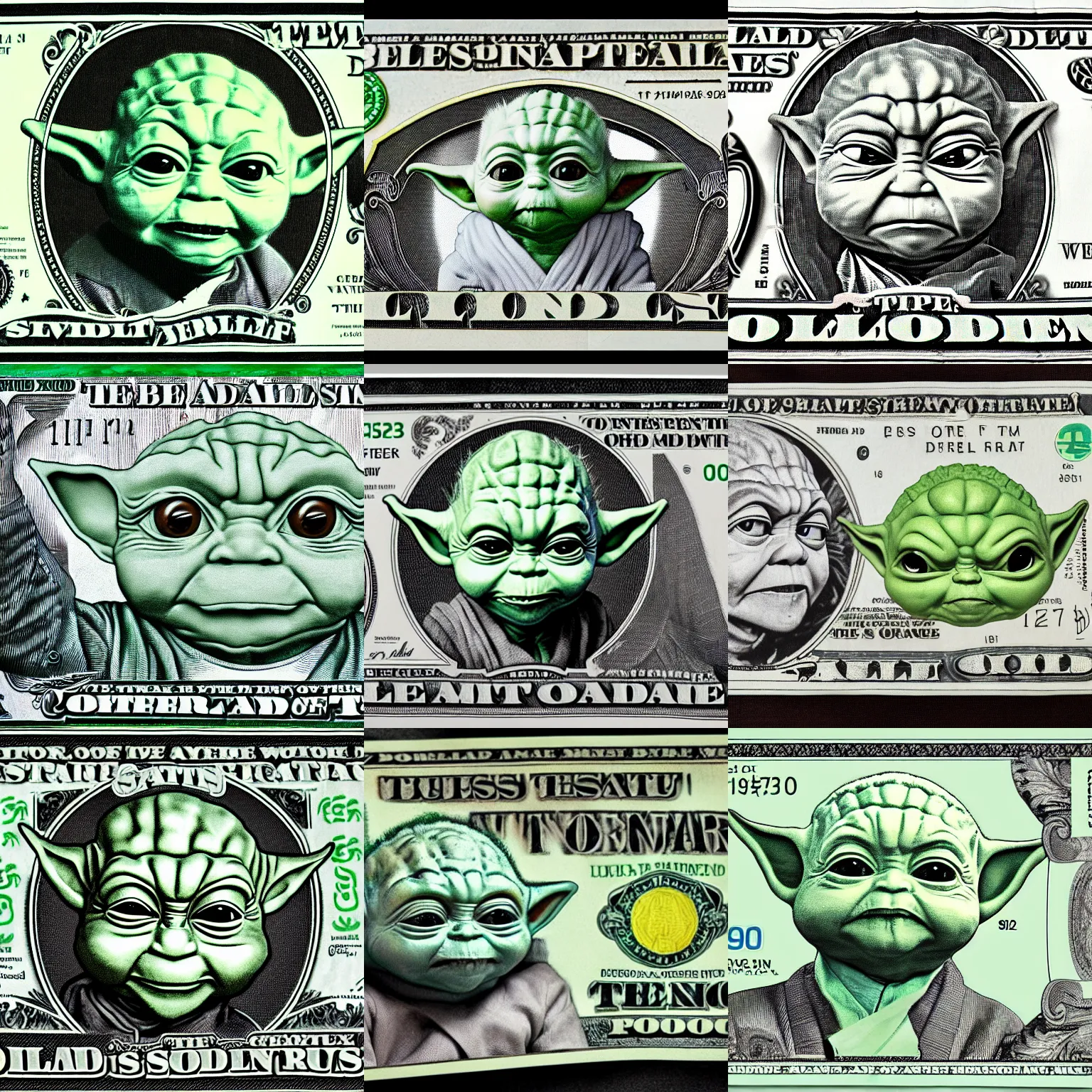 Prompt: dollar bill with baby yoda face inside