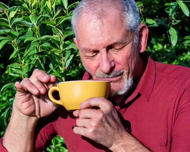 Image similar to mr robert is drinking fresh tea, smoke pot and meditate in a garden from spiral mug, detailed glad face, muscular hands and arms, golden hour closeup photo, red elegant shirt, eyes wide open, ymmm and that smell