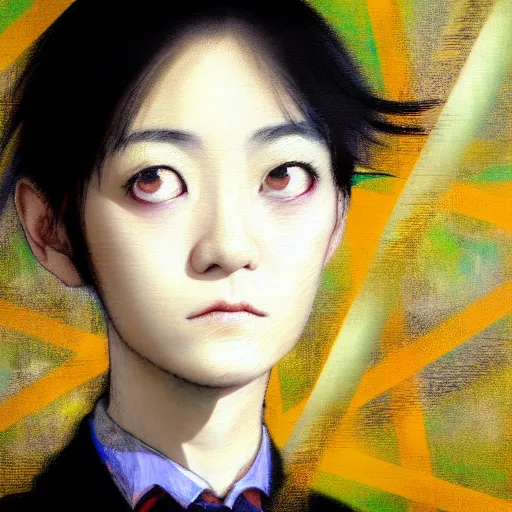 Image similar to yoshitaka amano blurred and dreamy realistic three quarter angle portrait of a young woman with short hair and black eyes wearing office suit with tie, junji ito abstract patterns in the background, shadows on the face, satoshi kon anime, noisy film grain effect, highly detailed, renaissance oil painting, weird portrait angle, blurred lost edges