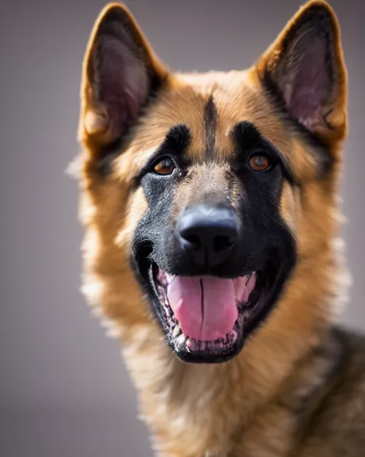 Prompt: A studio portrait of an unhappy German Shepherd dog, bokeh, 90mm, f/1.4