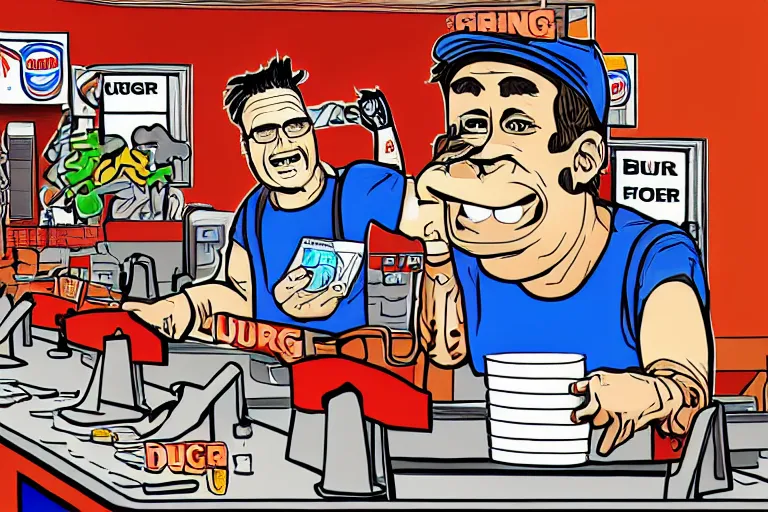 Prompt: Tim Dillon working at Burger King because he lost all of his money leverage trading bitcoin, mike judge art style, 90s mtv illustration