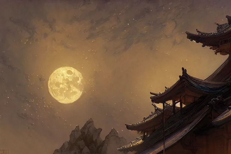 Image similar to wuxia, moon, roof, night, painting by gaston bussiere, craig mullins, j. c. leyendecker