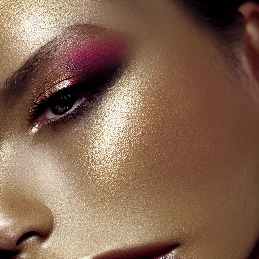 Image similar to extreme close up portrait of stunningly beautiful girl, staring in the camera, symmetrical, gold dust make up, high res photo, 8 k, 5 0 mm 1. 8, bokeh, by mario testino