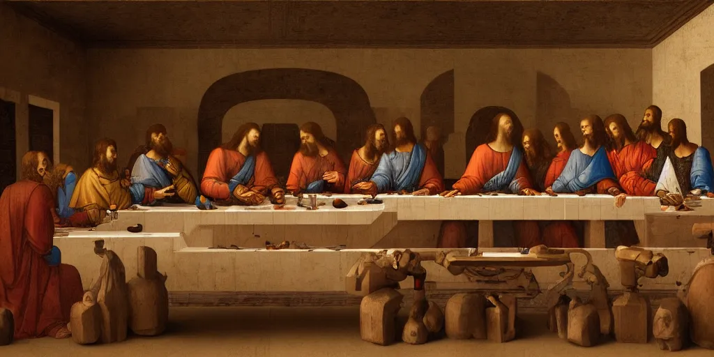 Image similar to the last supper of robots as apostles in leonardo da vinchi style. digital art, artstation, concept art, smooth, sharp focus, illustration, art by leonardo da vinci