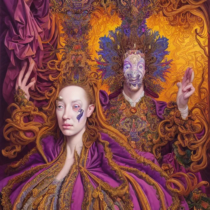 Image similar to beautiful oil painting, full length portrait of dauphinois in baroque coronation robes 1701, Dan Mumford, Dan Mumford, Alex grey, hyacinthe rigaurd, highly detailed , lsd visuals, dmt fractal patterns, hallucinogen, visionary art, psychedelic art, ornate, vaporwave, baroque, Greg rutkowski