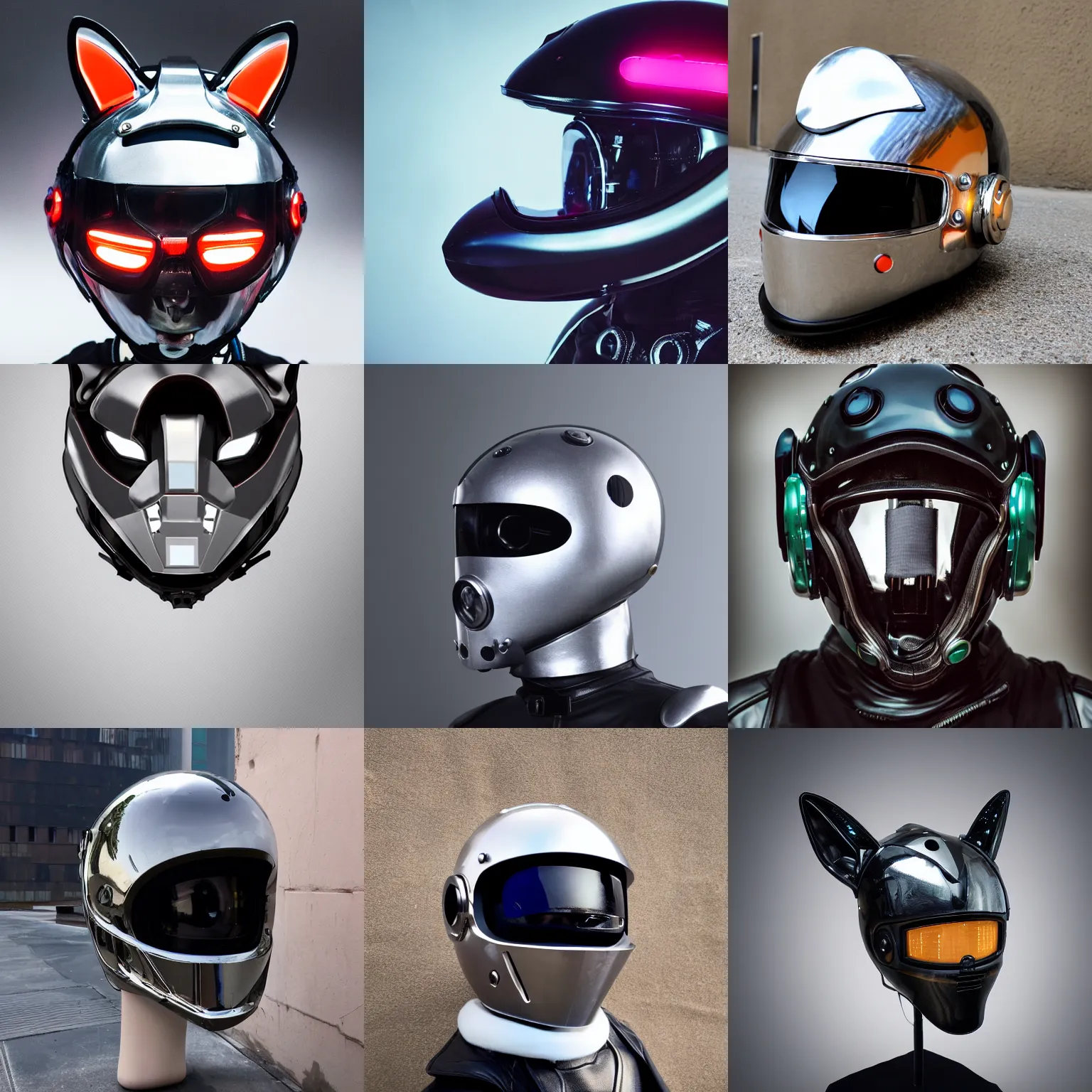 Prompt: highres photo of a motorcycle helmet, cyberpunk, robotic futuristic cat themed helmet, sony produced, techwear, chrome, cyber, cat, very cute, large cat ears, aesthetic, helmet, rabbit, cat shaped helmet, cybernetic, cyberpunk, designed by