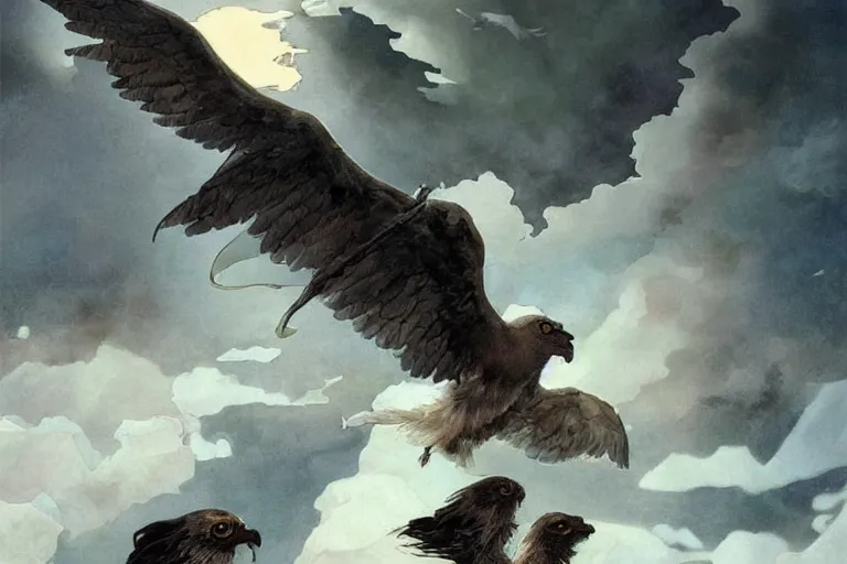 Image similar to harpies descending from the sky towards a baby harp seal on sea ice, with a gray and cool sky, ominous lighting, water color, art by artgerm and greg rutkowski and alphonse mucha and jin xiaodi and anthony devine