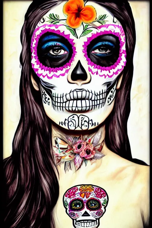 Image similar to Illustration of a sugar skull day of the dead girl, art by Sandra Chevrier