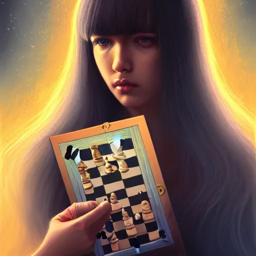 Image similar to beautiful young rimuru tempest playing chess, with amber eyes of golden colored eyes, straight hair, sky blue hair, long bangs, high collar, concept art, award winning photography, digital painting, cinematic, wlop, 8 k, by ross tran, tom bagshaw, andy warhol