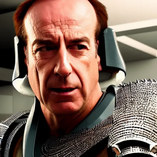 Image similar to Movie still of Saul Goodman wearing futuristic futuristic futuristic armour while holding a shotgun, highly detailed, 4k