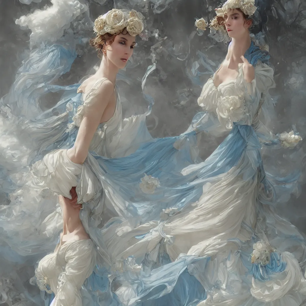 Prompt: lady dressed in a vaporous wrapped large victorian cream roses silk semi-transparent blue and cream dress fashion is running D&D, fantasy, intricate, elegant, highly detailed, digital painting, artstation, concept art, matte, sharp focus, illustration, art by Artgerm and Greg Rutkowski and Alphonse Mucha