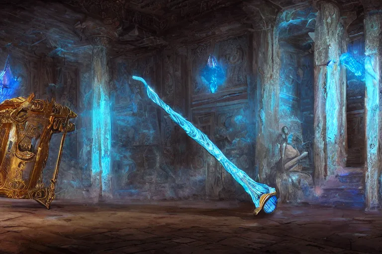 Image similar to old twisted staff weapon with a blue crystal at it's tip, fantasy movie scene greg rutkowski digital painting of an ornate and royal egyptian antechamber tomb, unreal engine, hyper realism, realistic shading, cinematic composition, blender render, octane render, hdr, detailed textures, photorealistic, ultrawide shot, 3 5 mm film