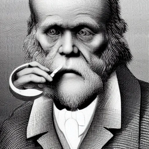 Prompt: Charles Darwin smoking a joint, escher style, portrait