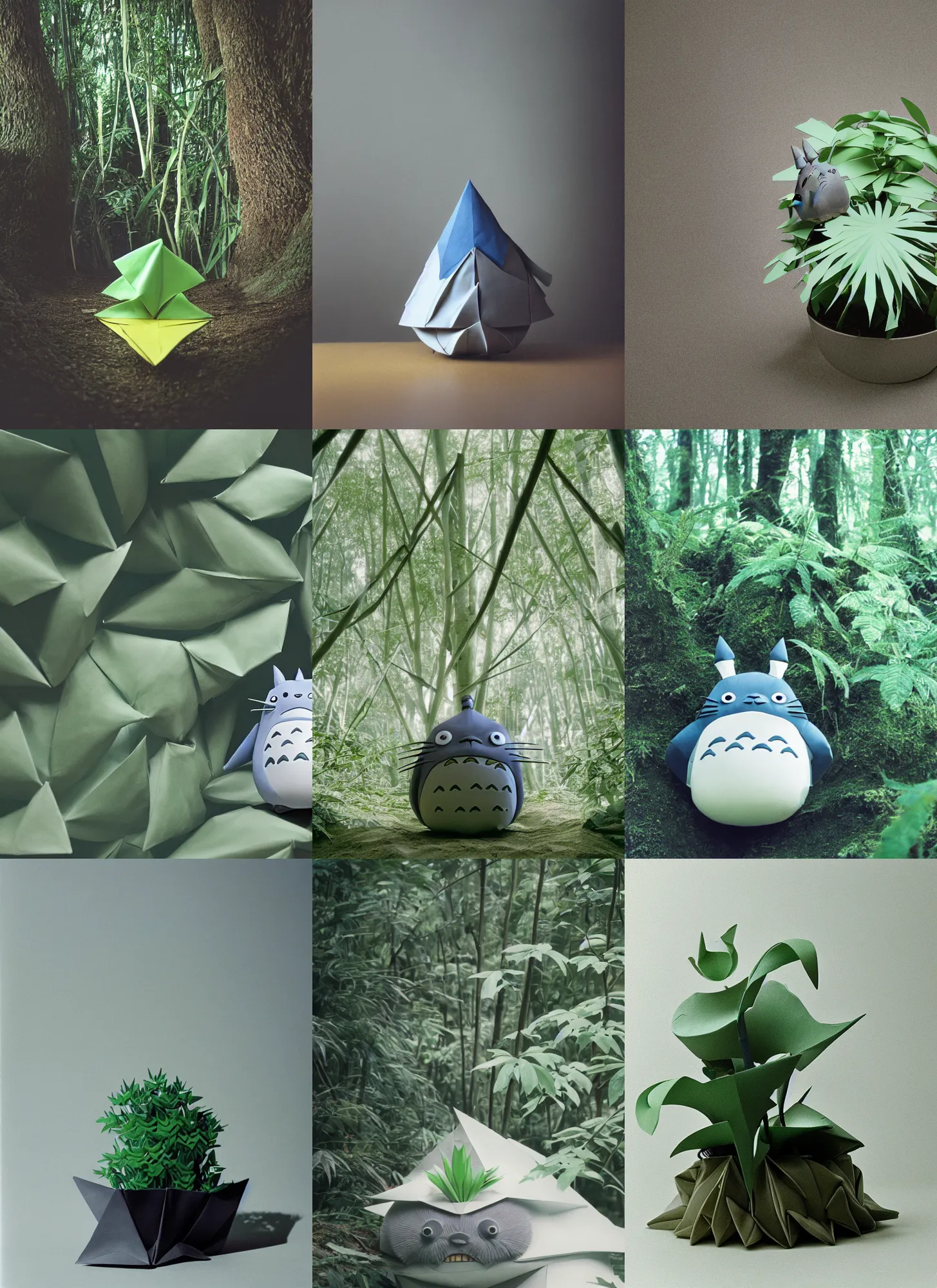 Prompt: totoro in film still zaha hadid forests with a full still life commercial photo of real - life origami plant, perfect eyes, cinestill, 8 k