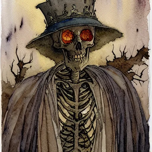 Prompt: a simple and atmospheric watercolour portrait of a skeleton king on halloween, very muted colors, by rebecca guay, michael kaluta, charles vess and jean moebius giraud