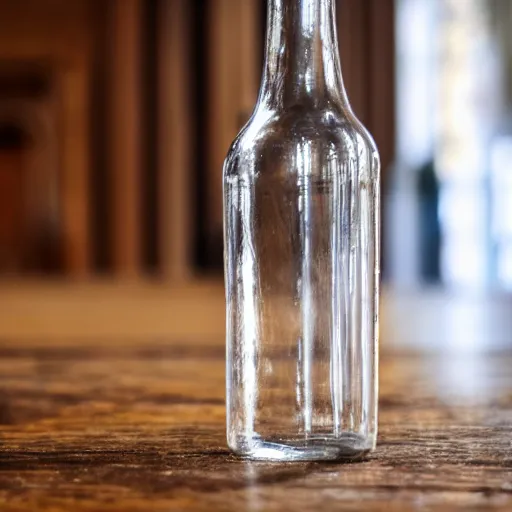 Prompt: there is a glass bottle sitting on a table in the great hall of a giant castle, bokeh macro shot