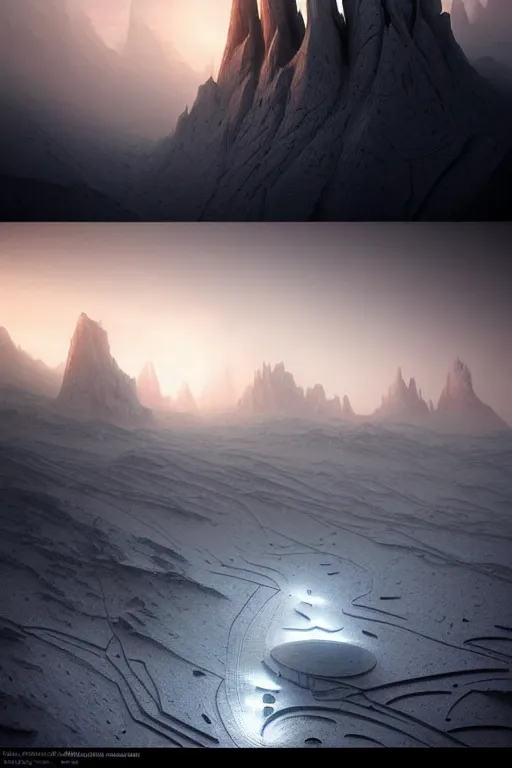 Prompt: futuristic atmosphere in the snowy mountains dolomites 3 d concept art, cinematic lighting, pastel sunset, rule of thirds, depth of field, intricate details, building by zaha hadid, stormy weather, emissary space by arthur haas and bruce pennington and john schoenherr, cinematic matte painting, dark moody monochrome colors, trending on artstation, featured on behance