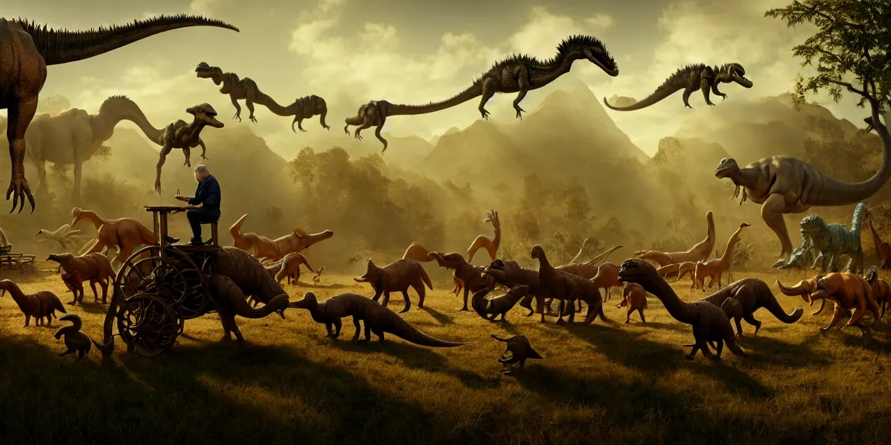 Image similar to old man sitting on wood chair and herding a herd of small dinosaurs in an alternate prehistoric past, in steam punk style, very high details, raytracing, back light, raymarching, by ilm, by digital domain, by weta digital