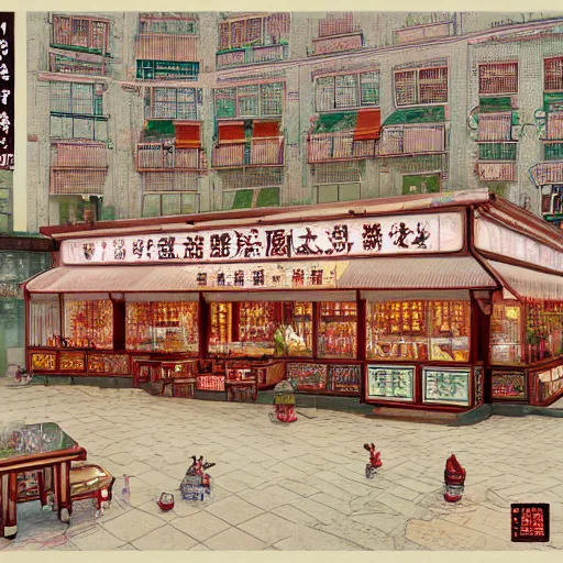 Prompt: a beautiful hyperdetailed interior render of roasted string hotpot elementary small shop, from china, with merchant logo, simply style, fine delicate structure, chinese style, victo ngai, 4 k hd