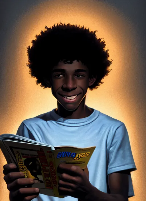 Image similar to portrait of teenage chuck clayton, black teenage boy, short curly hair, short hair square jaw, slight excited smile, reading a comic book, intricate, elegant, glowing lights, highly detailed, digital painting, artstation, concept art, smooth, sharp focus, illustration, art by wlop, mars ravelo and greg rutkowski