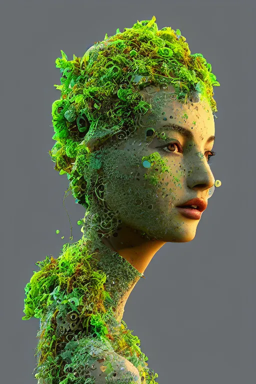 Prompt: epic 3 d sculpture of trans model, vine headdress, moss patches, 2 0 mm, with pastel yellow and green bubbles bursting, voronoi, melting into past selves, delicate, beautiful, intricate, houdini sidefx, by jeremy mann and ilya kuvshinov, jamie hewlett and ayami kojima, bold 3 d
