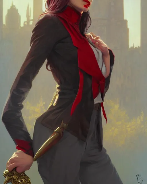 Image similar to female vampire, gold waistcoat, red shirt, grey hair, red necktie, cinematic, stunning, highly detailed, digital painting, artstation, smooth, hard focus, full body shot, illustration, art by artgerm and greg rutkowski and alphonse mucha