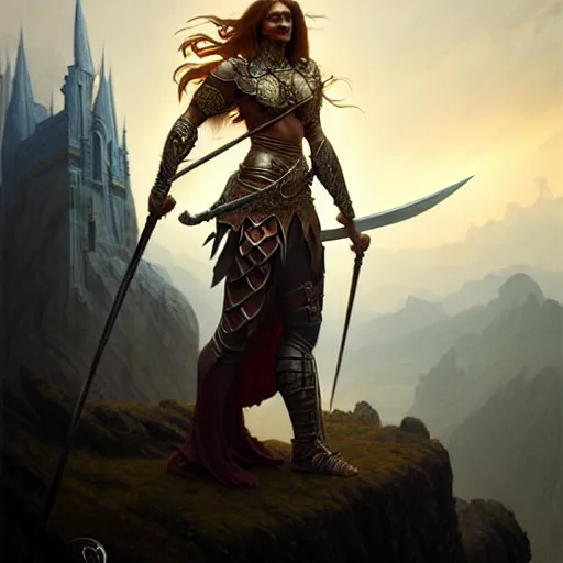 Image similar to A epic fantasy portrait of a warrior woman, standing on a cliff, castle setting, horror movie lightning, intricate, elegant, highly detailed, digital painting, artstation, concept art, matte, sharp focus, illustration, art by Artgerm and Greg Rutkowski and Alphonse Mucha