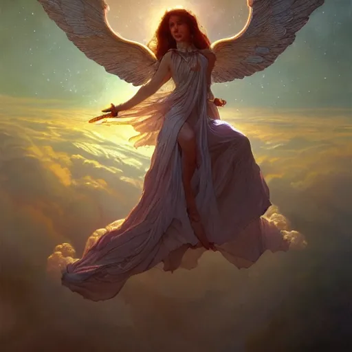 Prompt: a female angel floating in cosmos, intricate, highly detailed, digital painting, artstation, concept art, smooth, sharp focus, illustration, unreal engine 5, 8 k, art by artgerm and greg rutkowski and alphonse mucha