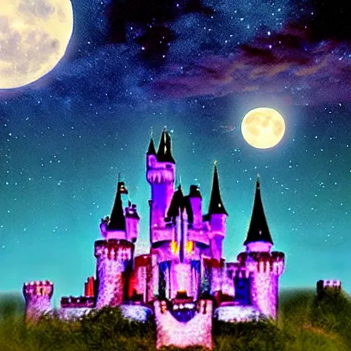 Image similar to realistic photo : a glowing sleeping beauty castle on a countryside at night under the stars, a full moon, and clouds