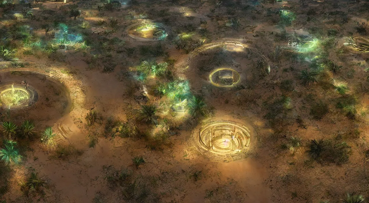 Image similar to a luminous circular stargate in the desert through which an ancient jungle is visible in the style of midjourney