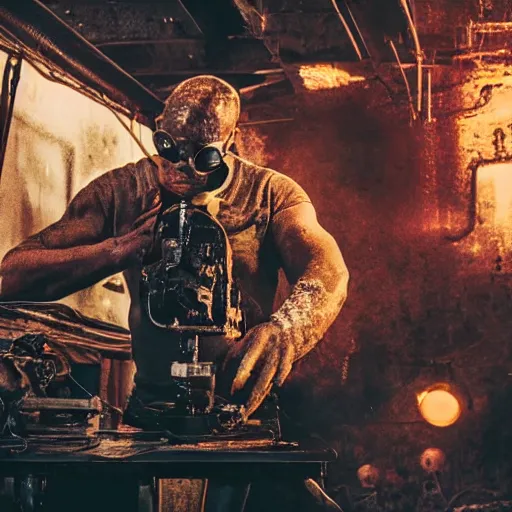 Image similar to weapon made from old egg beater, balding older cyborg repairing, red hot soldering iron, dark messy smoke - filled cluttered workshop, dark, dramatic lighting, orange tint, cinematic, highly detailed, sci - fi, futuristic, movie still from blade runner