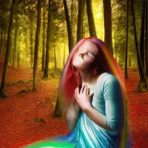 Prompt: hyperrealistic photograph, clear face, a female angel, crying, sitting, in a colorful forest, wearing a long rainbow gown