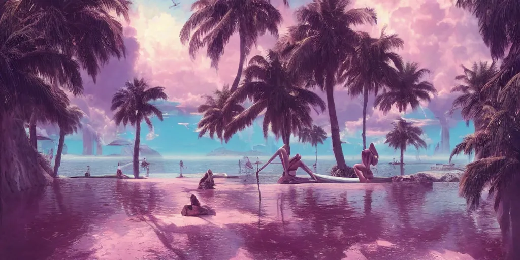 Image similar to artgem and greg rutkowski masterpiece, hyperrealistic surrealism, award winning masterpiece with incredible details, epic stunning, infinity pool, a surreal vaporwave liminal space, highly detailed, trending on ArtStation, calming, meditative, pink arches, palm trees, very vaporwave, very very surreal, sharp details, dreamscape