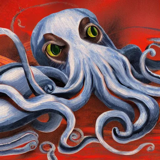 Image similar to octopus and cats fighting for life, digital paintingl