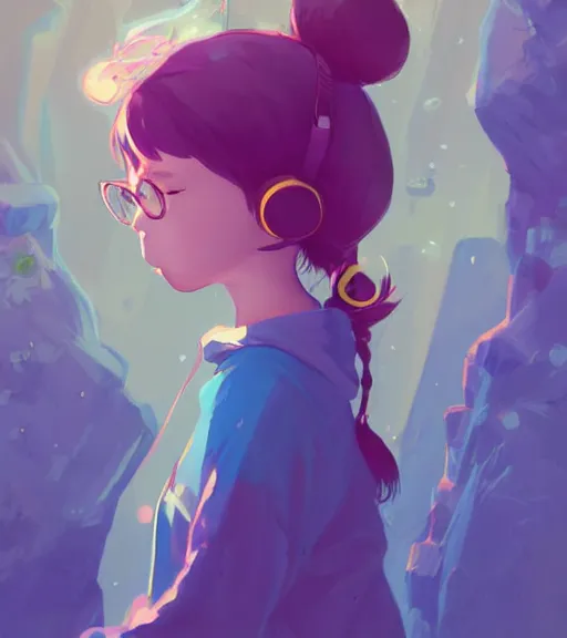 Image similar to beautiful little girl character inspired by 9 0's fashion and by madeline from celeste, art by rossdraws, wlop, ilya kuvshinov, artgem lau, sakimichan and makoto shinkai, concept art, headphones