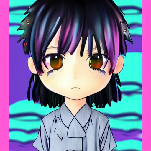 Prompt: vaporwave character face portrait of a singular kawaii chibi in the sytle of vaporwave, in simple background, nendoroid eyes, anime waifu, ukiyoe