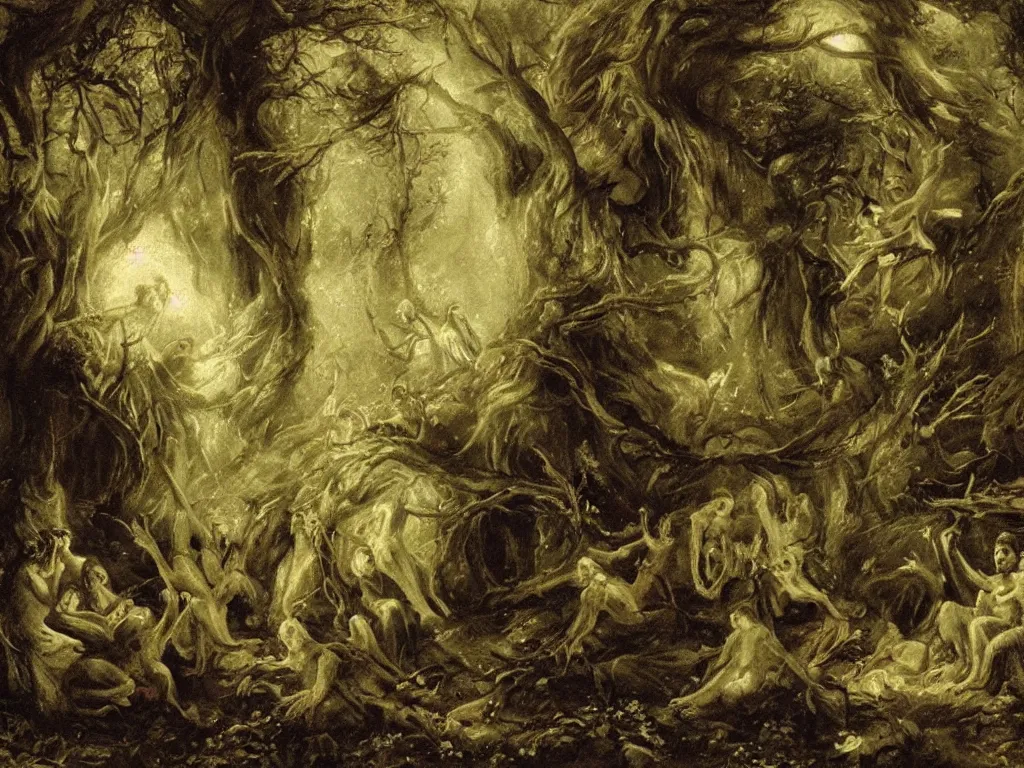 Image similar to forest spirits playing in the night near ruins in the style of Hermann Hendrich, neo-romanticism, european folklore