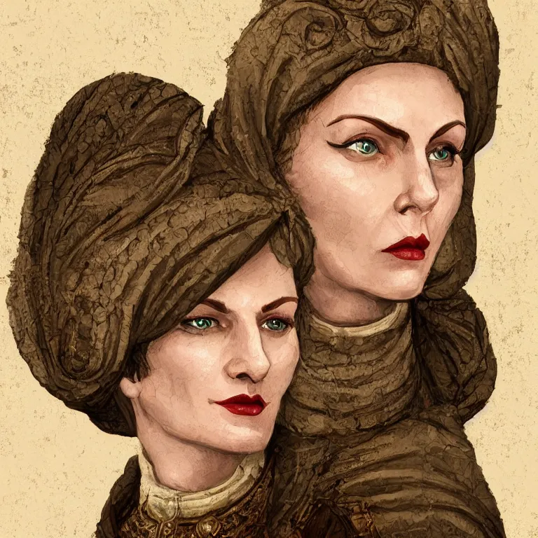 Image similar to head portrait, full faced, 40 years old women, dark red hair, green eyes, in beige historic clothing, high detail, digital art, medieval fantasy