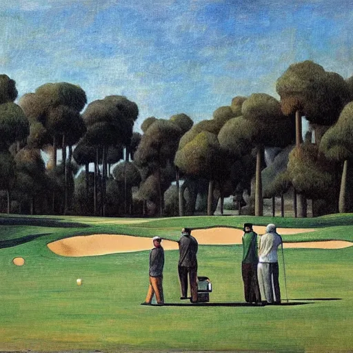 Image similar to Three golfers on a beautiful golf course driving range, by Diego Rivera