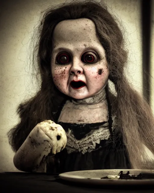 Image similar to film still closeup portrait of a malignant creepy angry grinning confused scary antique filthy victorian porcelain doll with black eyes wearing a dirty dress, very long black hair, sitting at a table eating a plate of rotten food, dimly lit filthy room in an abandoned old asylum at night, 8k octane render, dramatic lighting, volumetric lighting, high contrast, the ring movie, Guillermo del Toro, Craig Mullins, Duane Hanson , Richard Estes, Arney Fretag, vintage photo from 1890