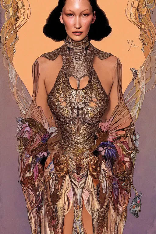 Image similar to a highly detailed painting of a beautiful alien goddess bella hadid in iris van herpen dress schiaparelli in diamonds in style of alphonse mucha art nuvo trending on artstation