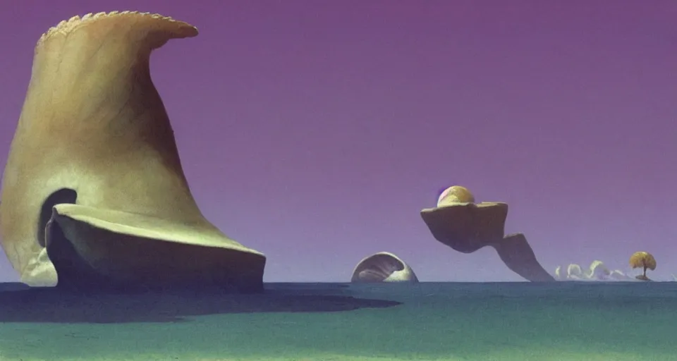 Prompt: a deserted island, giant seashell stands in the middle, a girl standing below, concept art by roger dean and john harris, atmospheric