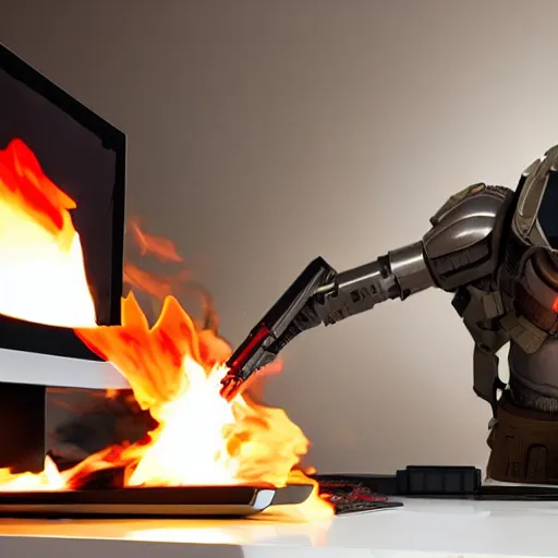 Image similar to angry man in juggernaut armor burning a desktop tower pc with a military flamethrower