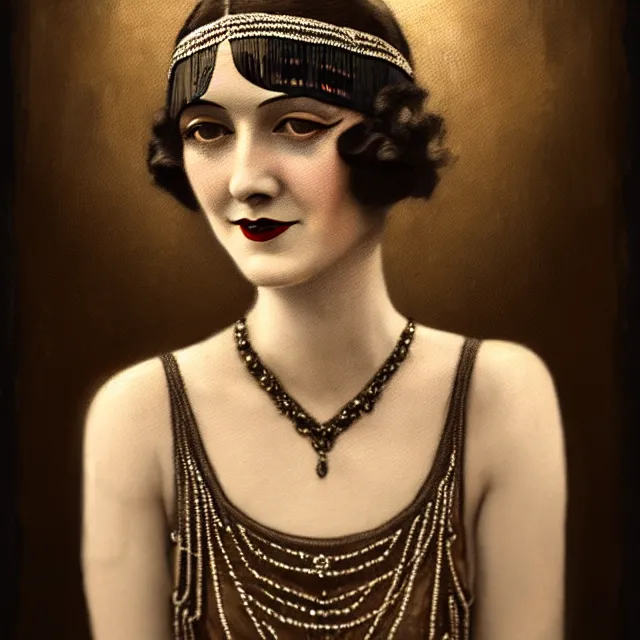 Image similar to a portrait photo of a 1 9 2 0 s woman with a slight smile in a flapper dress, atmospheric lighting, painted, sepia, intricate, ultra detailed by leesha hannigan, thierry doizon, kai carpenter, well composed, best on artstation, cgsociety, epic, stunning, gorgeous, intricate detail, wow, masterpiece