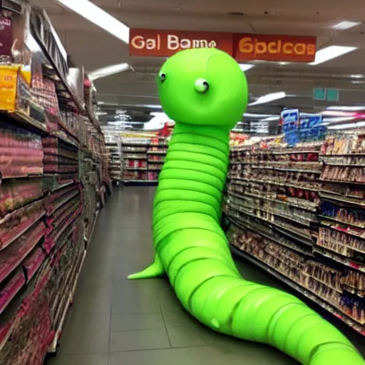 Prompt: giant worm creature in sainsburys