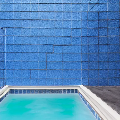 Prompt: windowless hall with small blue tiles, steps to a a water pool