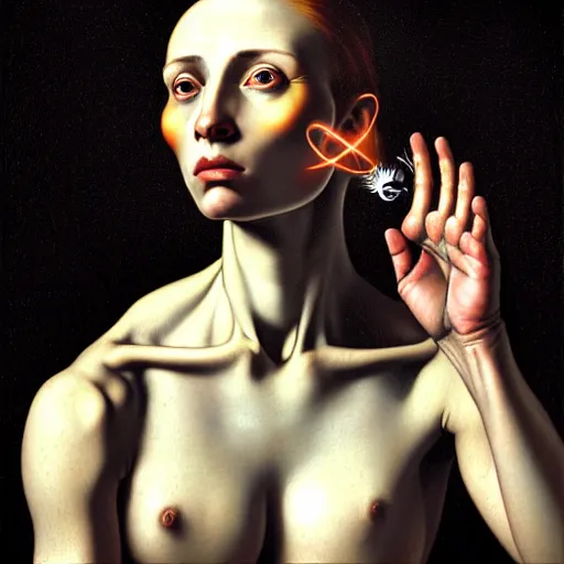 Image similar to Colour Caravaggio style Photography of Beautiful woman with highly detailed 1000 years old face wearing higly detailed sci-fi halo above head designed by Josan Gonzalez. Woman holding cigarette between fingers in her hand, Many details by Michelangelo . In style of Josan Gonzalez and Mike Winkelmann andgreg rutkowski and alphonse muchaand Caspar David Friedrich and Stephen Hickman and James Gurney and Hiromasa Ogura. volumetric natural light